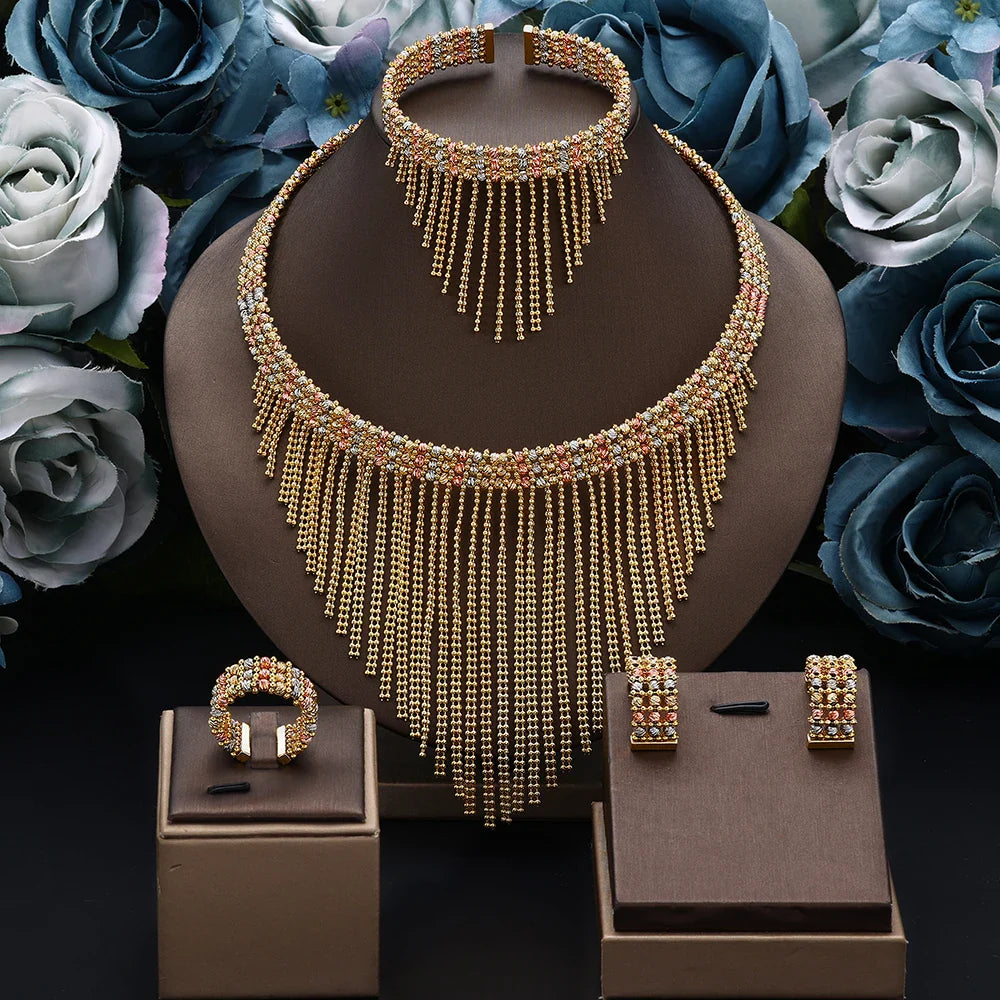 Luxury Wedding Jewelry Set Dubai Nigeria Bridal Jewelry Sets For Women Party Gold Plated Copper Tassel Beads Necklace