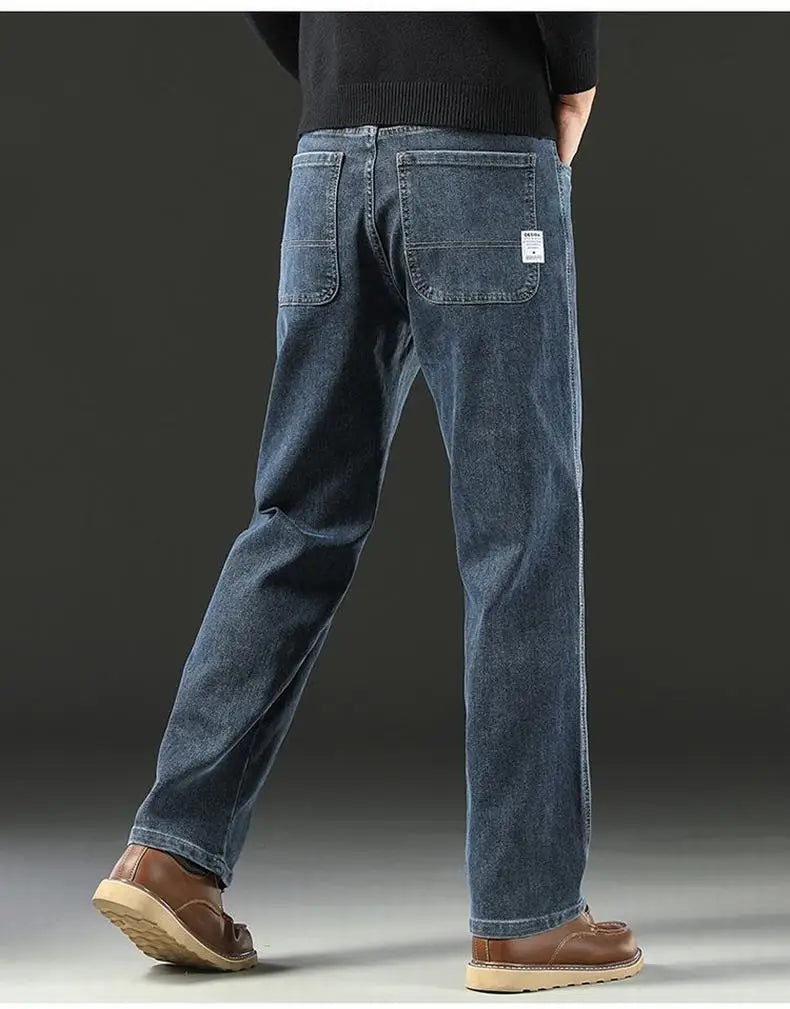 Men's Spring Autumn Soft Baggy Jeans Casual Straight Stretch Wide-Leg Business Denim Pants Versatile Comfortable Loose Trousers