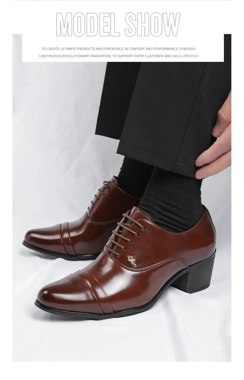 Premium Leather Men Shoes Slip On Loafers European Brand Business Casual Wedding Party Plaid Design Height Increasing