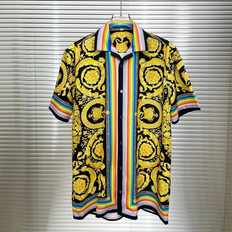 Luxury Royal Short sleeved Shirt for Men's Summer Casual Social Paisley Striped Side Flower Printed Shirt