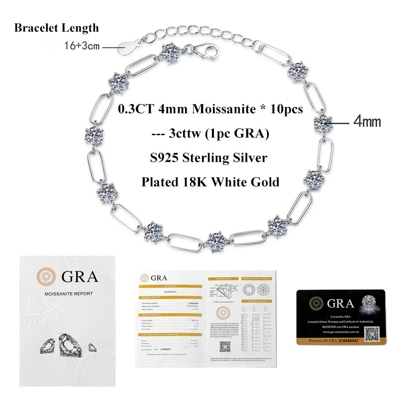 Full 4mm 0.3CT D Color VVS1 Moissanite Diamond Link Bracelet for Woman Man 925 Silver Adjustable 16cm Chain Bracelets GRA