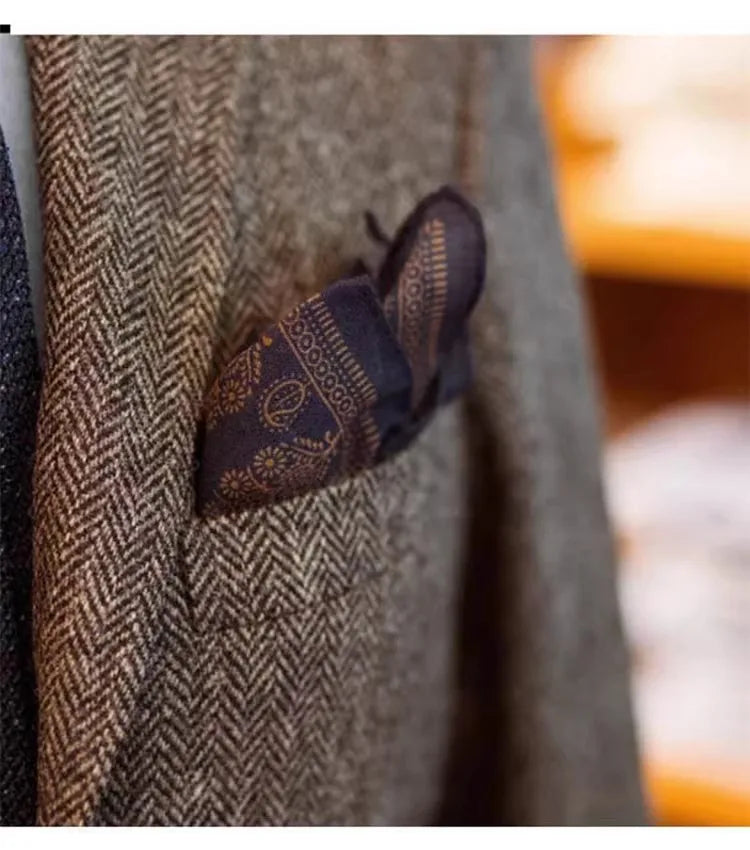 Uncle Nick's Wooster-Style Suit, Autumn and Winter Vintage Tweed Wool Herringbone Pattern Men's Blazer Suit