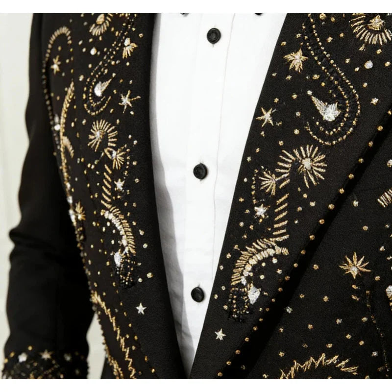 2 Piece Suit for Men Luxury Mens Suit For Wedding Host Banquet Handmade Beaded Western Suit French Elegant Black Blazer