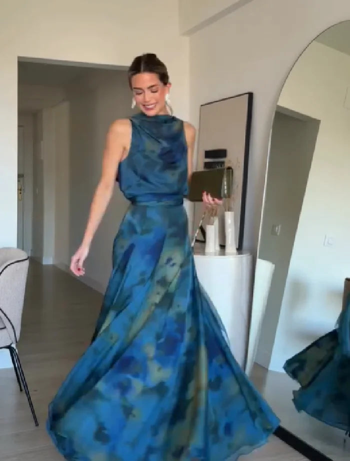 Women's Elegant Blue Watercolor Print Maxi Dress Sleeveless Cowl Neck Satin Formal Evening Gown A-line Floor Length Party Dress