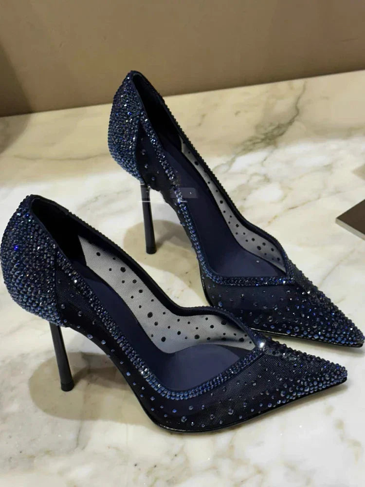 New mesh rhinestone pointed thin heel high heels for women, shallow mouth single shoes, sexy spicy sandals