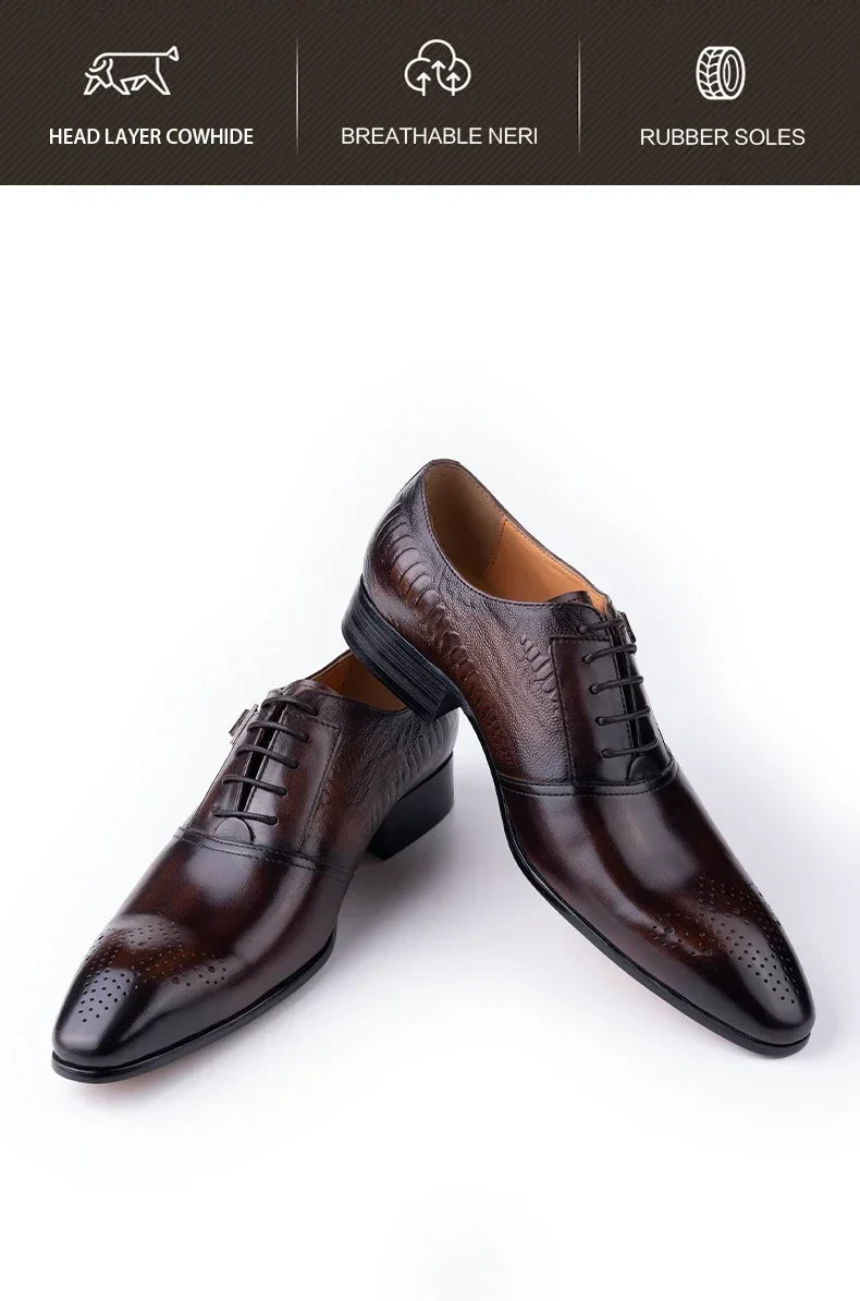 Male Genuine Leather Social Shoe Oxford Elegant Man Dress Shoes Hand Lace-up Pointed Party Wedding Shoes Black Coffee Shoes