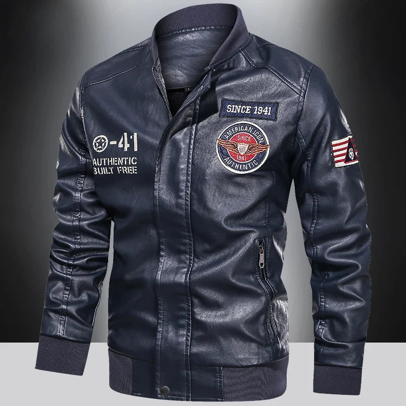 Men’s PU leather motorcycle jacket, color block pilot style, baseball collar, spring autumn, M–XXL