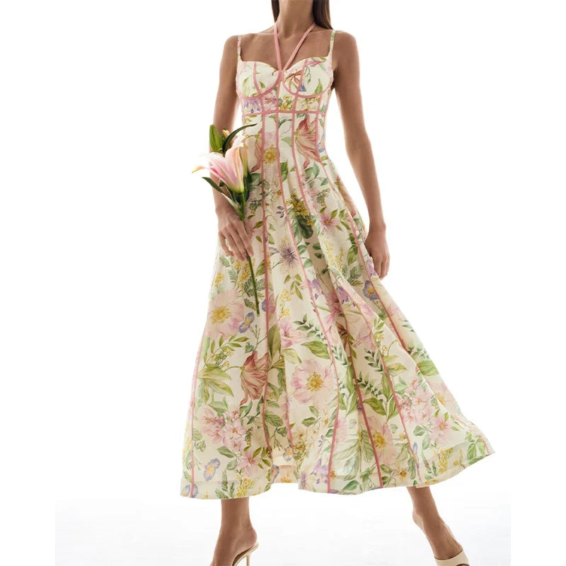 Fashionable Lady Floral Corset Maxi Dresses Halter Neck Sleeveless Flowy Long Dress Female Beach Vacation Party Evening Gown