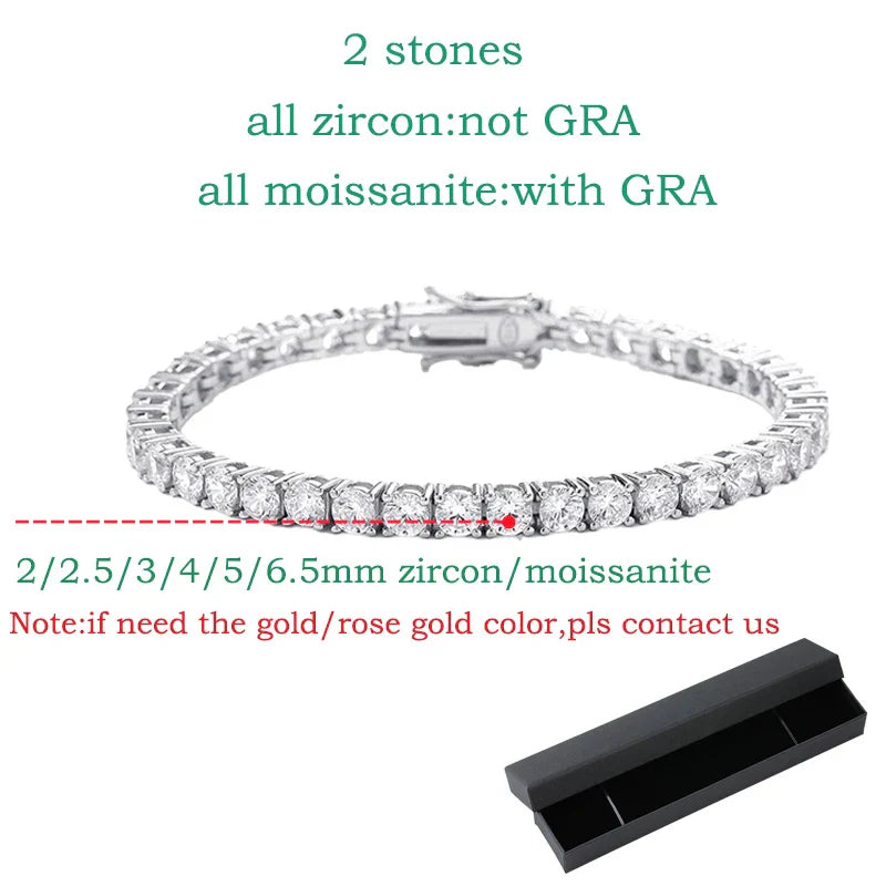 18k Plated 2-4mm Zircon/moissanite Tennis Bracelet for Women Man Full Diamond Original Real 925 Sterling Silver Jewelry