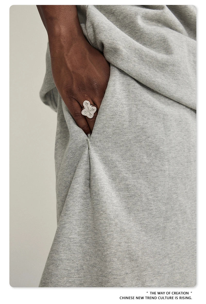 New Summer Men Retro Washed Shorts Unisex Drawstring Loose Edge 420gsm Solid Knee Length Cotton Pants Streetwears HY0589
