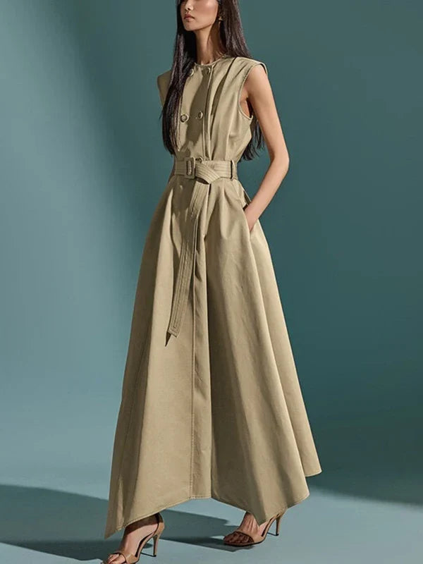 Summer 2025 Women's Elegant Sleeveless Cotton-Blended Dress Double Button High Waist A-Line Office Dresses with Belt