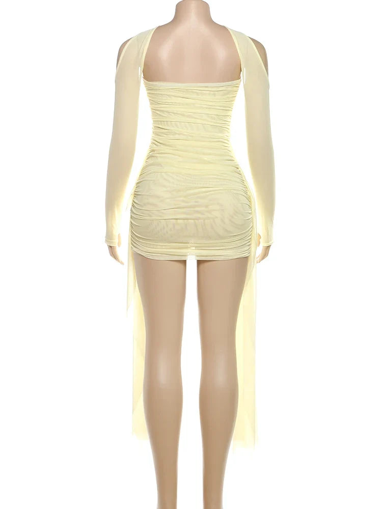 Summer Vacation Sexy See Through Dress+Shawl Women Ruched Side Ribbon Coquette Skinny Midnight Clubwear Party Bodycon