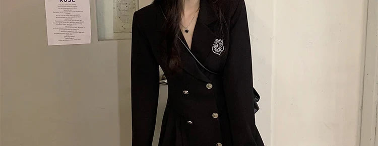 Sweet Style Suit Dress Korean Drama Main Character Waist Cinched Beautiful  Skirt College Style High Waist Double Breaste...