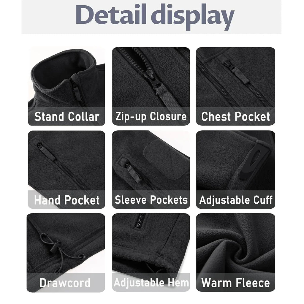 Men's Fleece Jacket Soft Warmth Windproof Full Zip Up Coat Multiple Zipper Pockets Hiking Working Outdoors Windbreaker