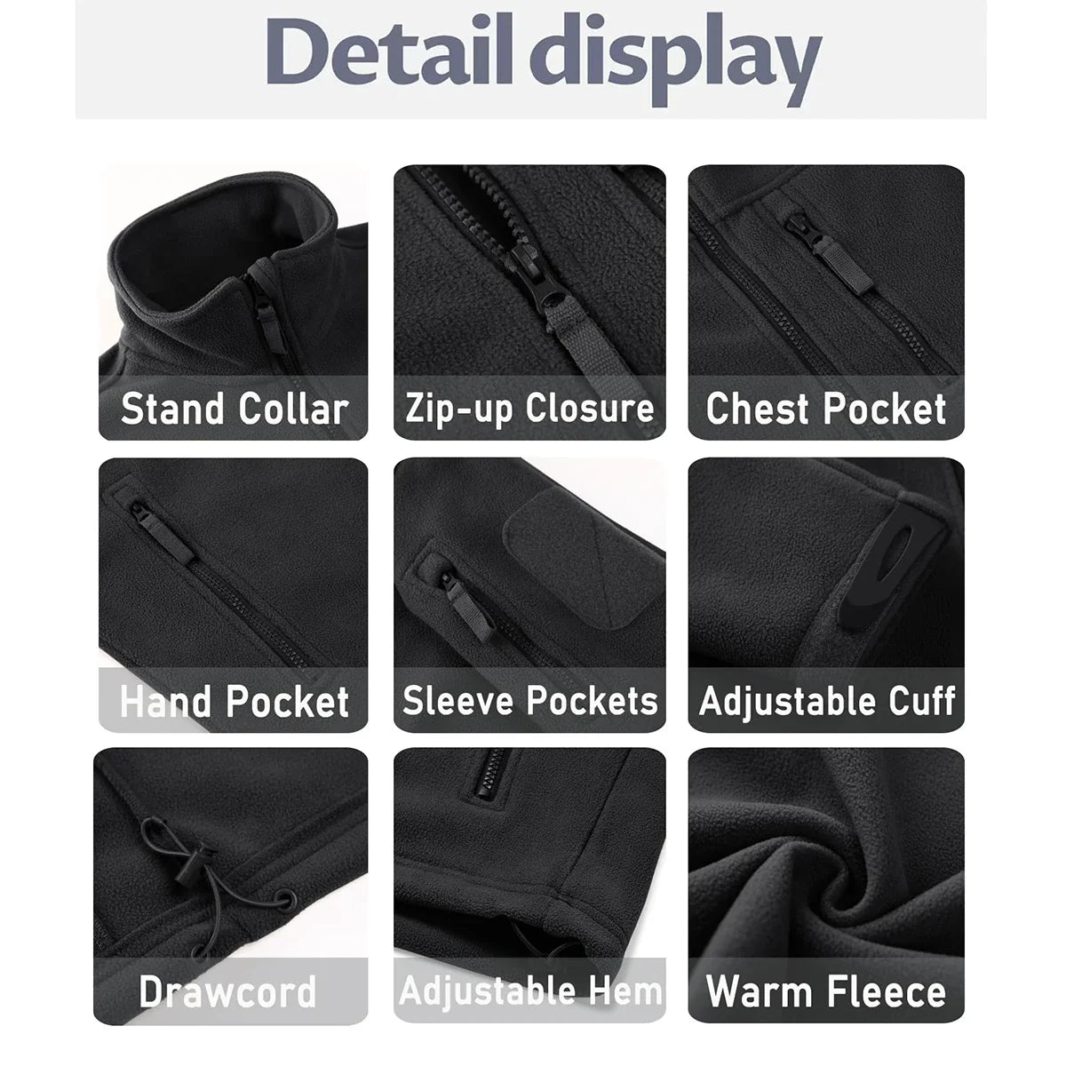Men's Fleece Jacket Soft Warmth Windproof Full Zip Up Coat Multiple Zipper Pockets Hiking Working Outdoors Windbreaker
