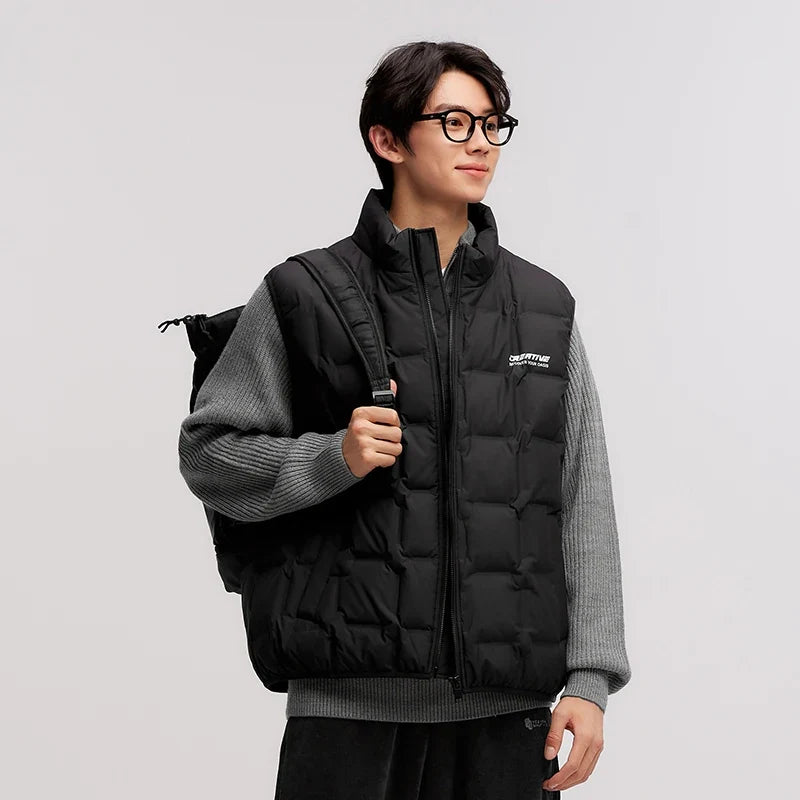 Down Vest Men 2024 New Winter Stand-Up Collar Printed Textured Outerwear Stacking Inner Wear Fashion Versatile.
