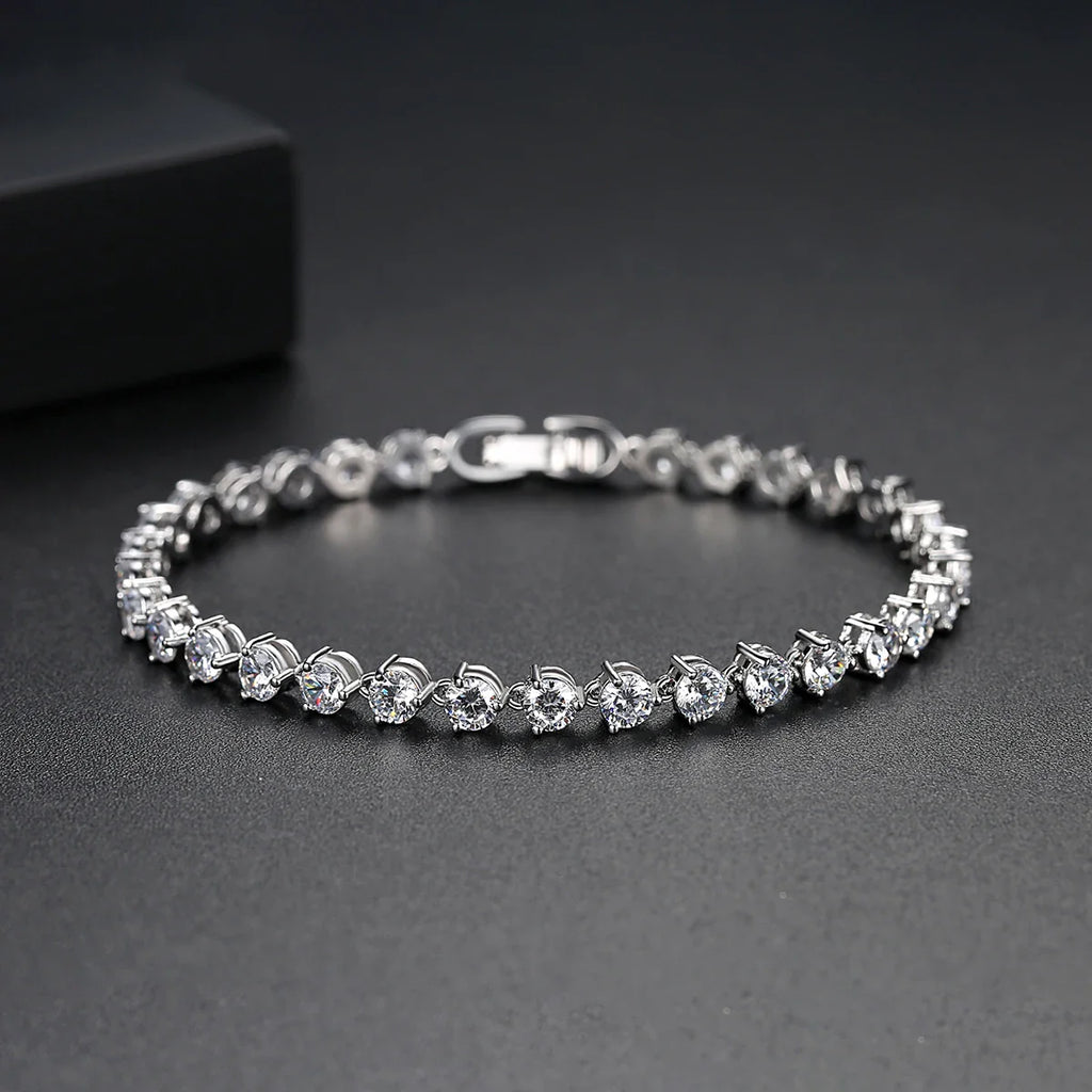 Silver Color 3 Prong Round Cubic Zirconia Necklace Earring Bridal Jewelry Set Simple Design Bride Wedding Accessories