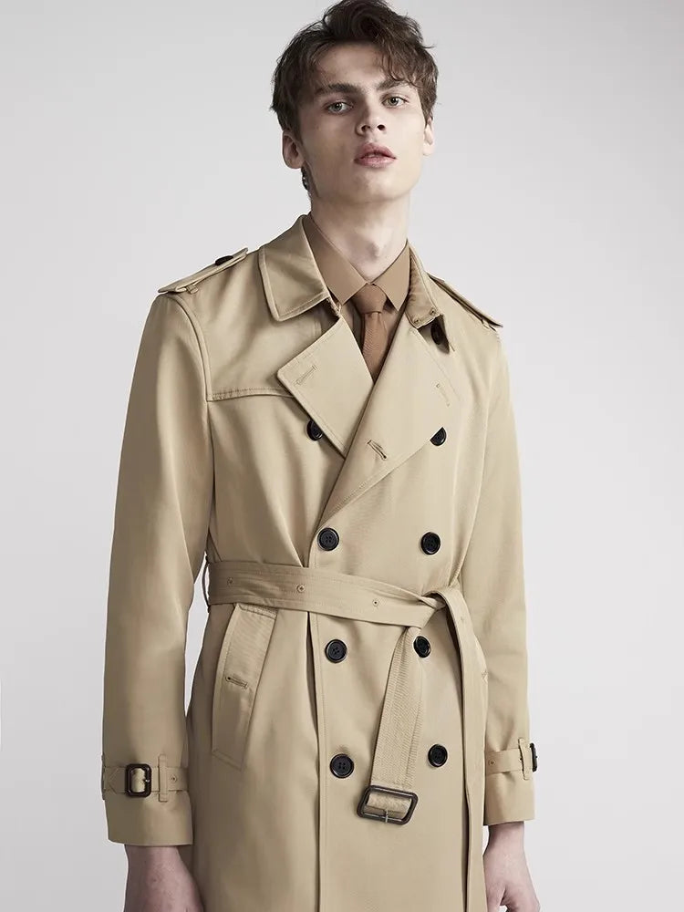 Spring Autumn Long Chic Khaki Trench Coat Men Belt Double Breasted Elegant Luxury British Style Black Overcoat 2025