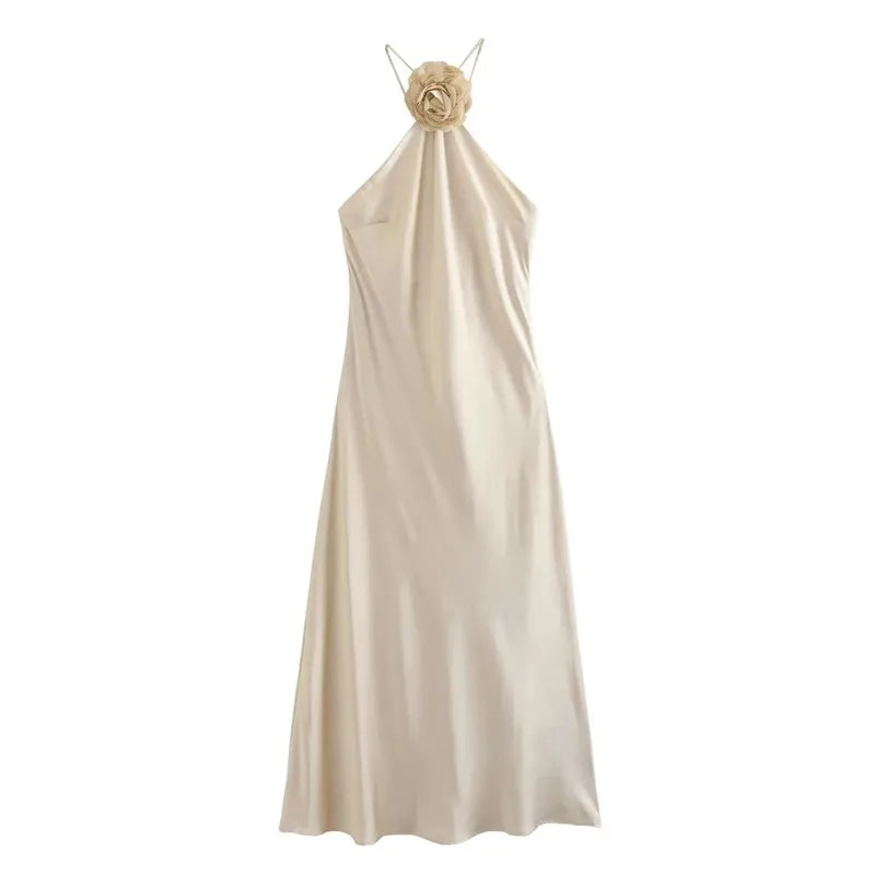 Flower Halter Dress Woman Off Shoulder Satin Long Dress