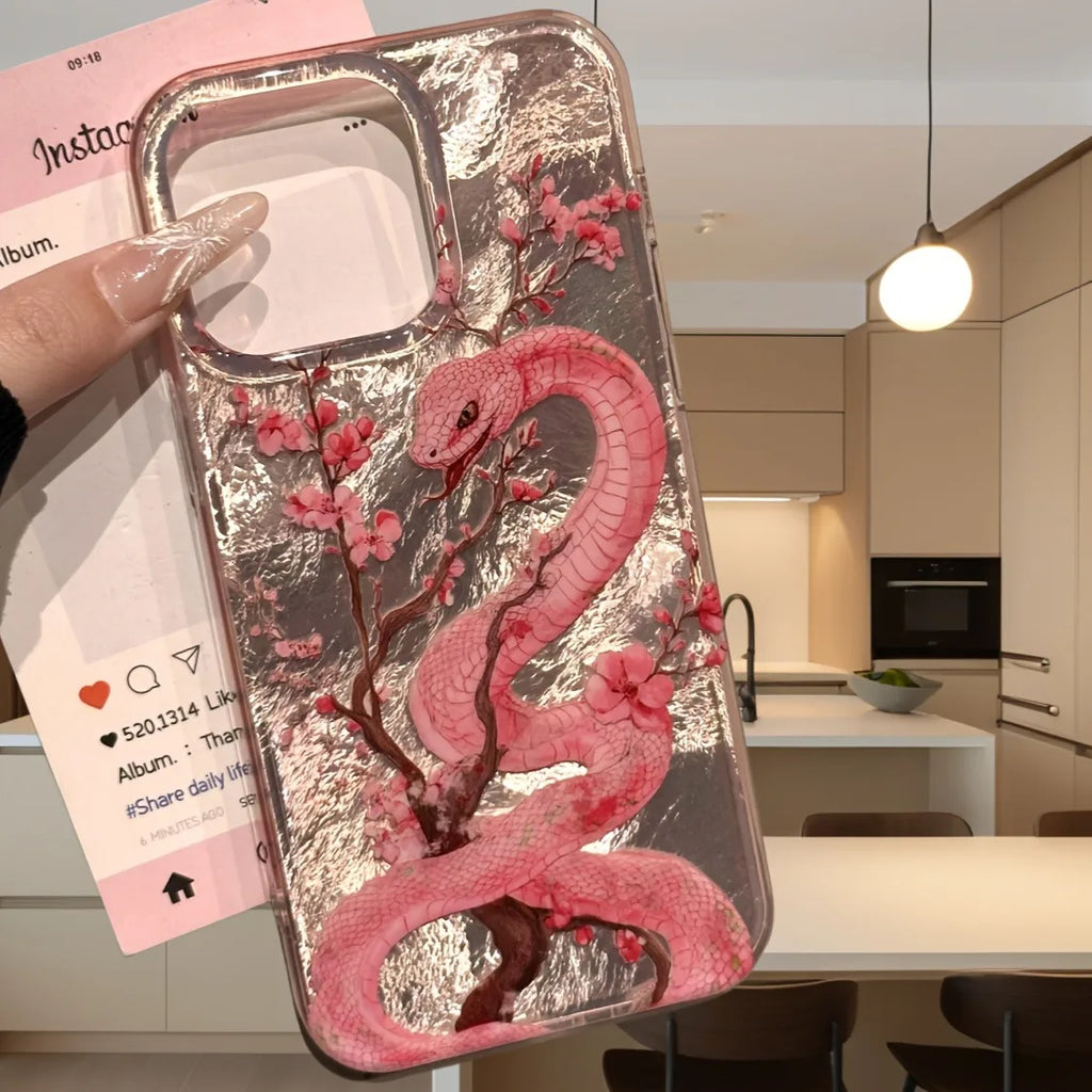 Illustration Plum Blossom Pink Snake Phone Case For iPhone 16 Pro Max 15 14 Plus 13 12 11 XS X XR 7 8 16 Plus SE 2022 16E Cover