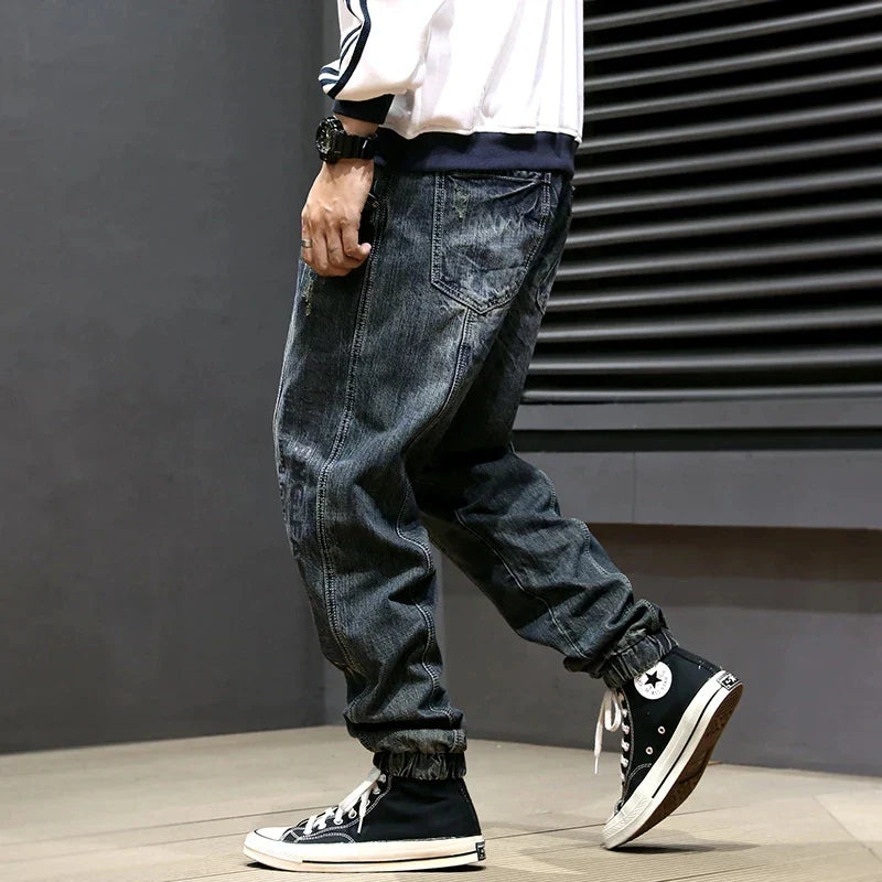 Men Jeans Retro Blue Printed Designer Big Pocket Casual Cargo Pants