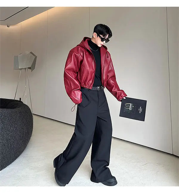Spring Autumn Short Waterproof Black Pu Leather Jacket Men Hood Zipper High Waist Loose Casual Korean Fashion 2025
