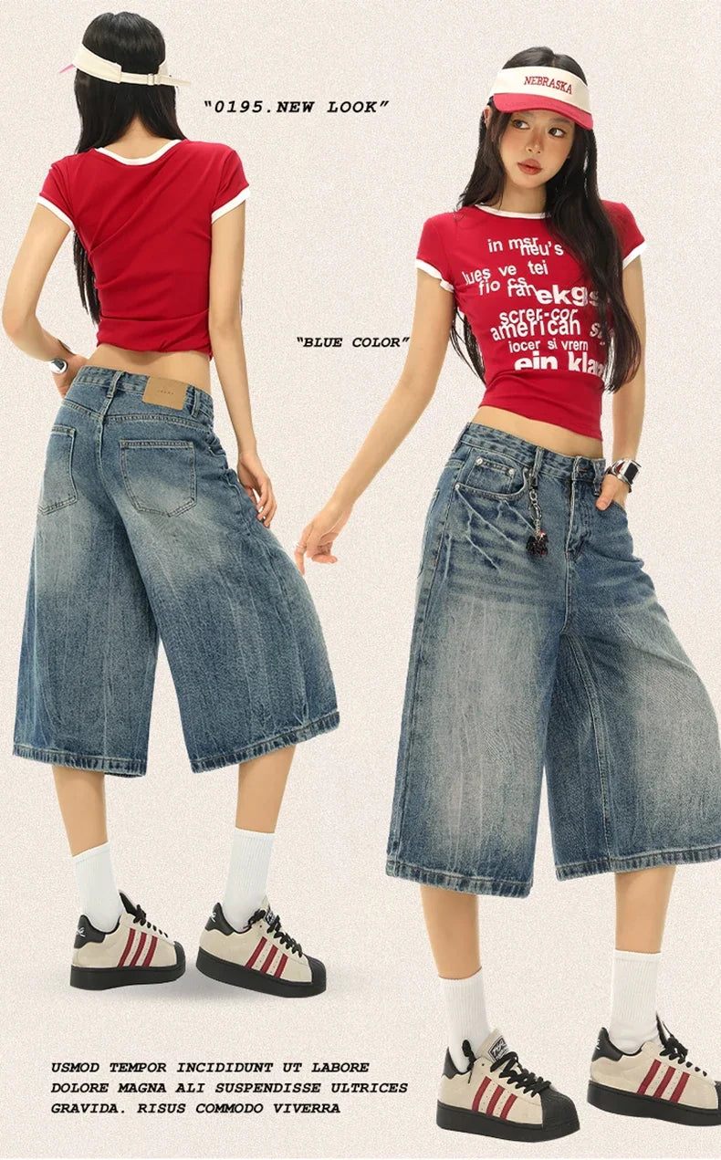 Vintage Washed Loose Straight Leg Denim Capri Men Women Lightning Print Streetwear Shorts