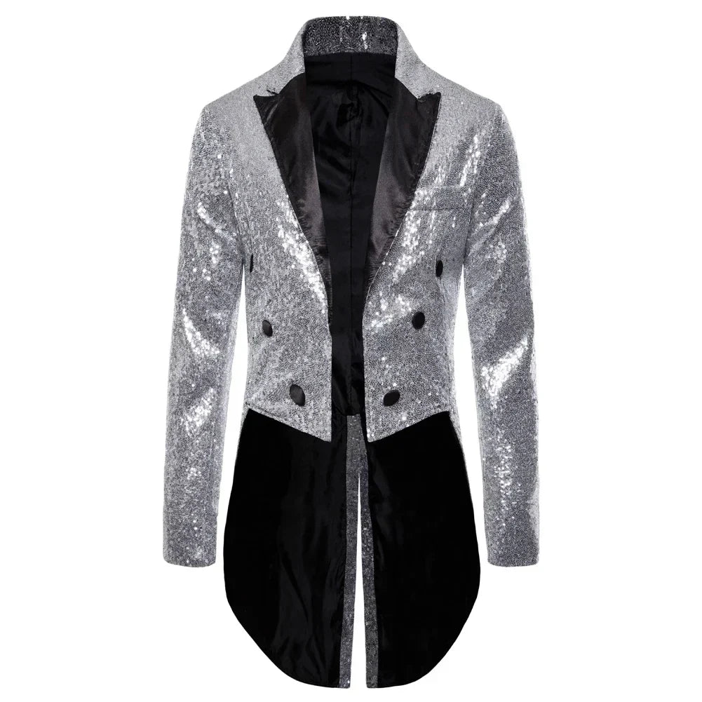 Shiny Gold Sequins Glitter Tailcoat Suit Jacket Male Double Breasted Wedding Groom Tuxedo Blazer Men Party Stage Prom Costume