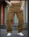Men's Deep Blue Washed Denim Workwear Jeans Casual Multiple Pockets Design Loose Wide Leg Trousers Y2K Style Cargo Pants