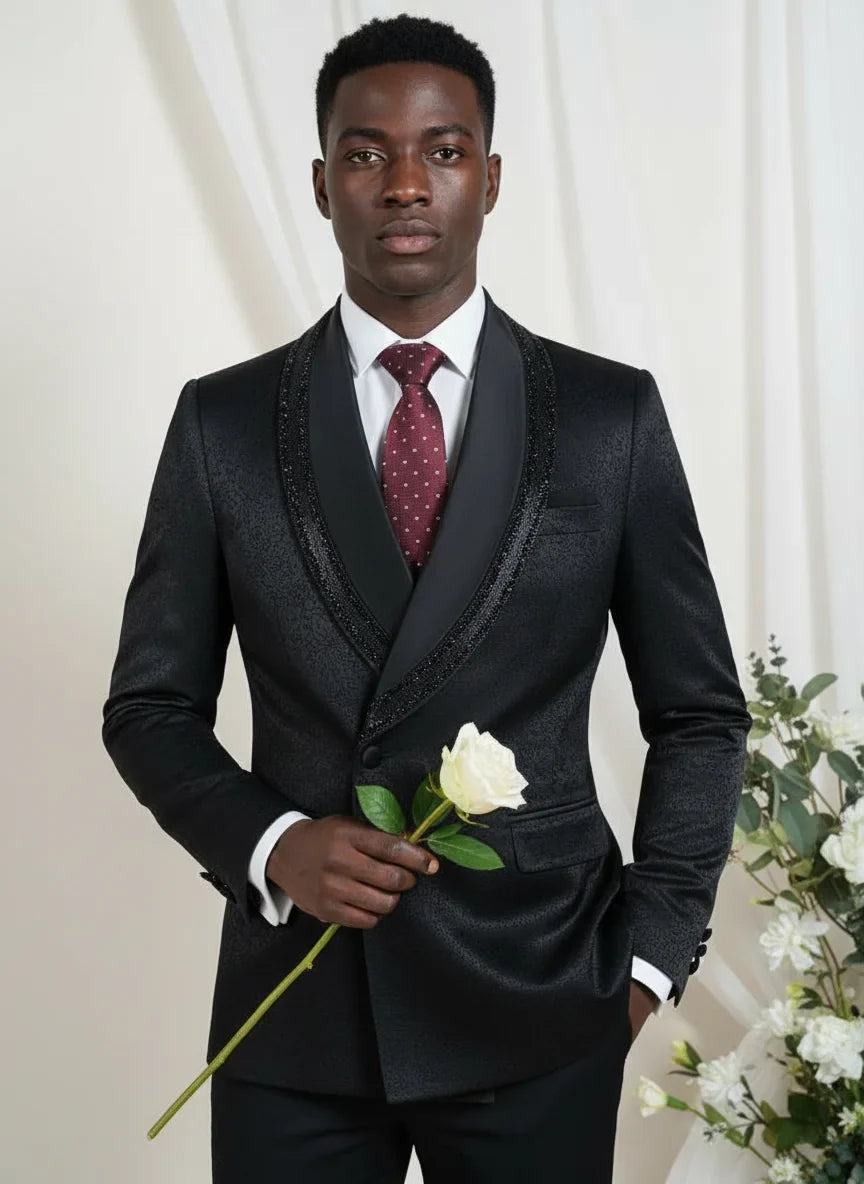 Luxury and fashionable men's suit Rhinestone Collar Shawl Lapel black Wedding Suit 2 Piece Set Groom Tuxedo Banquet party outfit