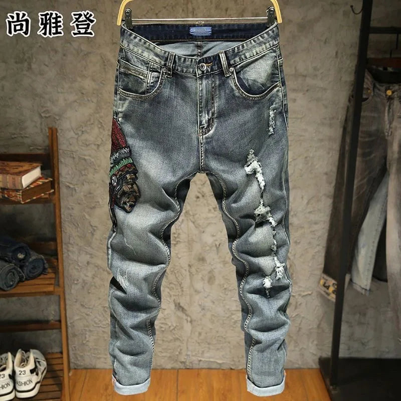 Spring and Autumn fashion trend printed straight-leg stretch denim jeans for men comfortable casual sports high-quality jeans