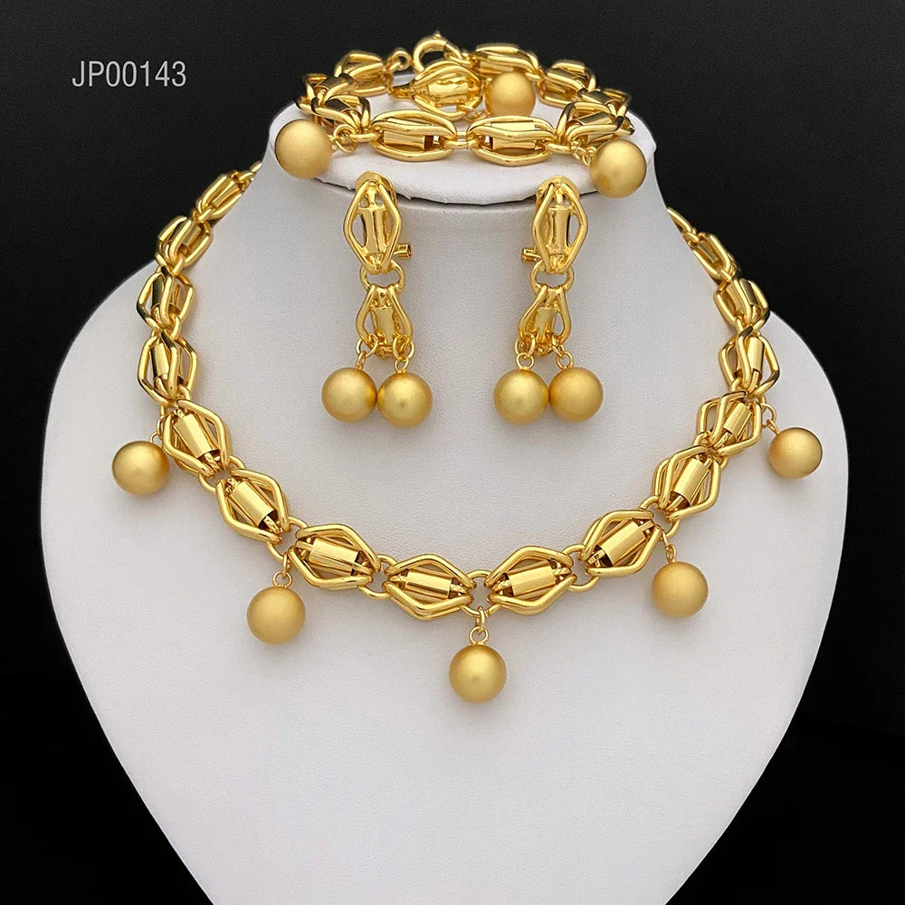Dubai Nigeria Jewelry Set For Women Classic Design Beads Necklace Earrings Ring Bracelet 18K Gold Plated 4Pcs Set Jewelry