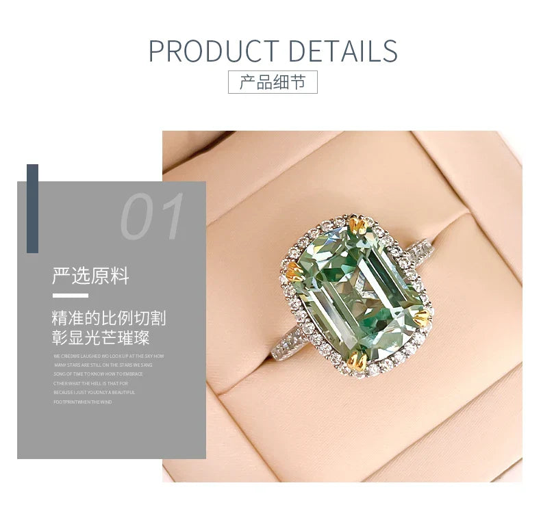 Luxurious light green tourmaline 925 sterling silver ring set with high carbon diamond temperament niche and versatile for women