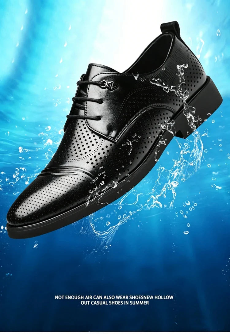 Men's Summer Breathable Leather Shoes Hollow out Fashionable Slip-On Comfortable Anti-Slip Soft Bottom Derby Shoes-SJ2501-1