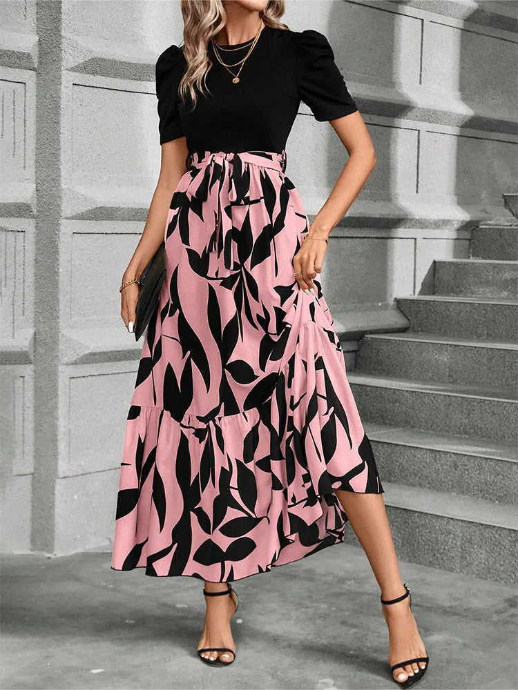 Elegant Floral Print Round Neck Long Dresses Women Short Sleeve High Waist Lace-up Office Lady Holiday Party Dresses Vestidos