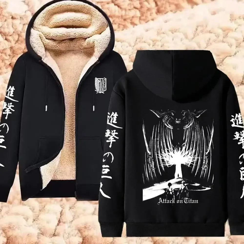 Attack on Titan سترة شتوية دافئة بسحاب، هوديز مطبوع عليها أنمي للرجال والنساء، بلوزات سميكة بسحاب، ملابس الشارع Harajuku Hip Hop
