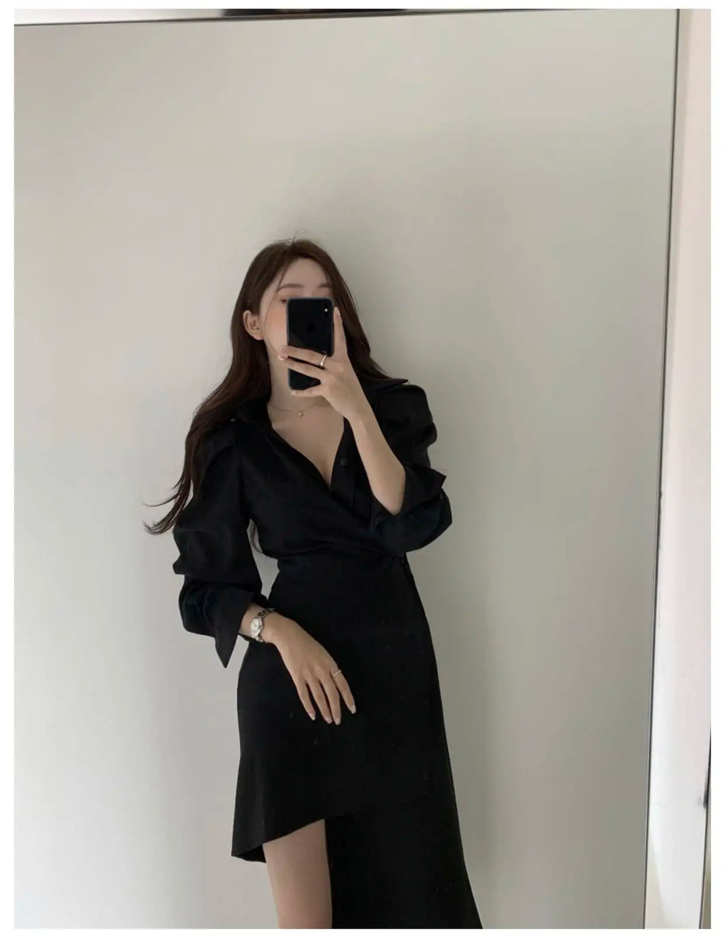 Early Autumn Shirt Dress Women's Mid-Length Asymmetrical Single-Button Notch Collar Slimming Style Commute Fashion