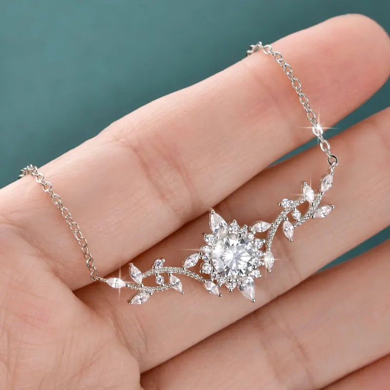 Certificated Moissanite Necklace 14K Gold Filled Sophisticated Floral Leaf Pendant Necklaces for Women Wedding Jewelry