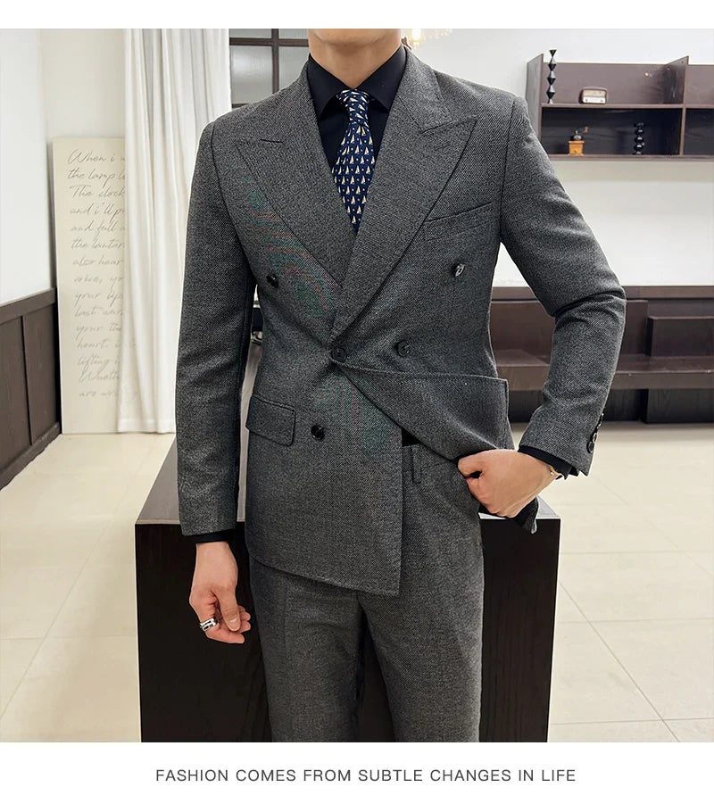 Men Vintage Luxury Double Breasted Slim Fit Lapel Evening Gown ltalian Style Fashion High-end Groom Wedding Party Tuxedo 2 Piece