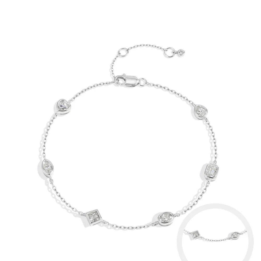 Mixed Cut Bezel Moissanite Bracelets for Women S925 Silver Adjustable Extension Chain Popular Jewelry for Wedding Party