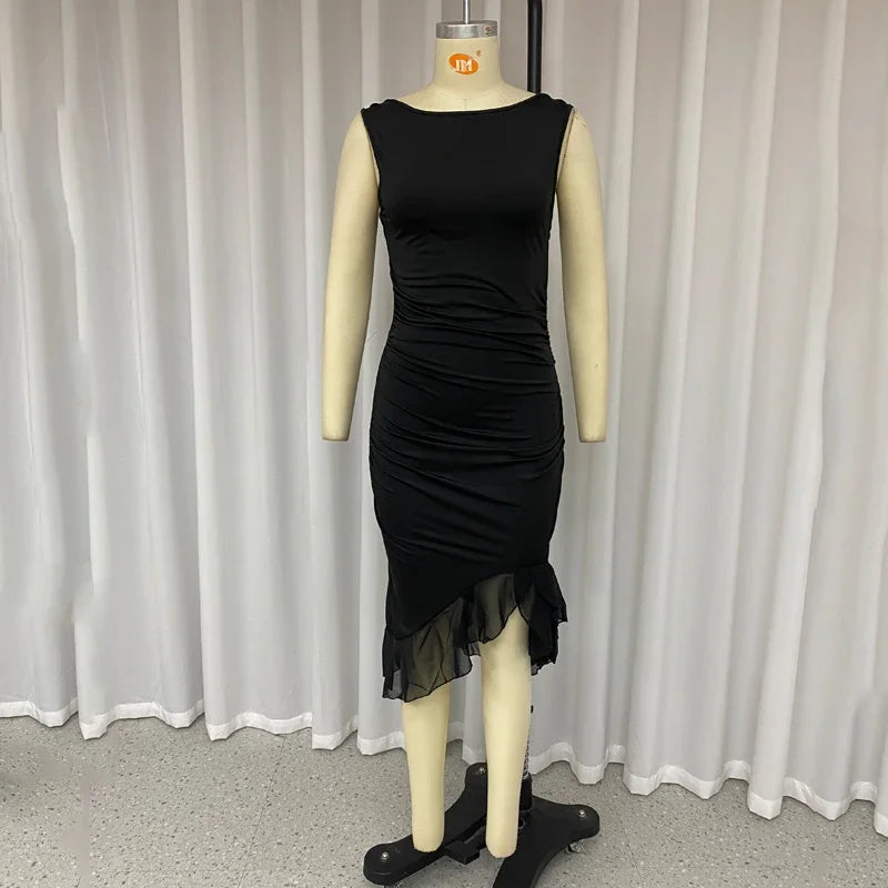 Elegant Solid Sleeveless Nipped Waist Slim Backless Ruffled Party Dresses