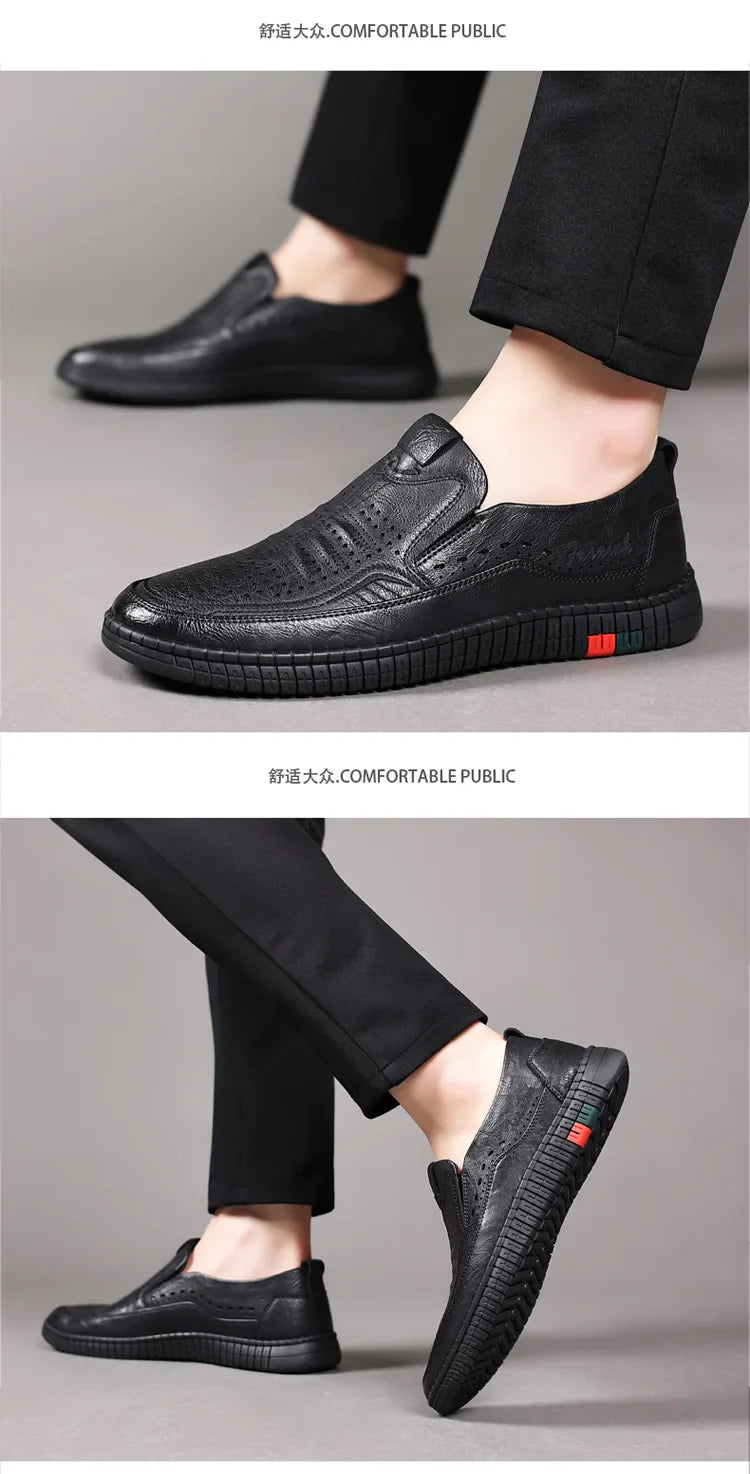 Summer New Breathable Hallow Leather Shoes for Men Solid Color Fashion Casual Driving Shoes Male Low Top Flat Shoes Man