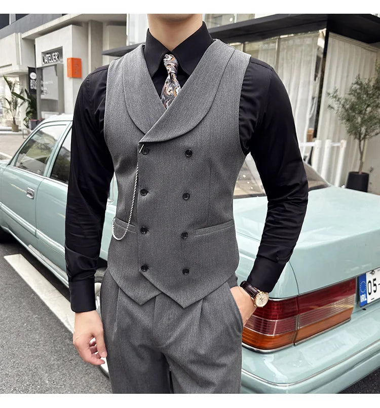 ( Vest + Pants) Men Luxury Double Breasted Design Suit Vest 2 pieces Formal Groom Wedding Dress Vest Set Fashion Club Clothing