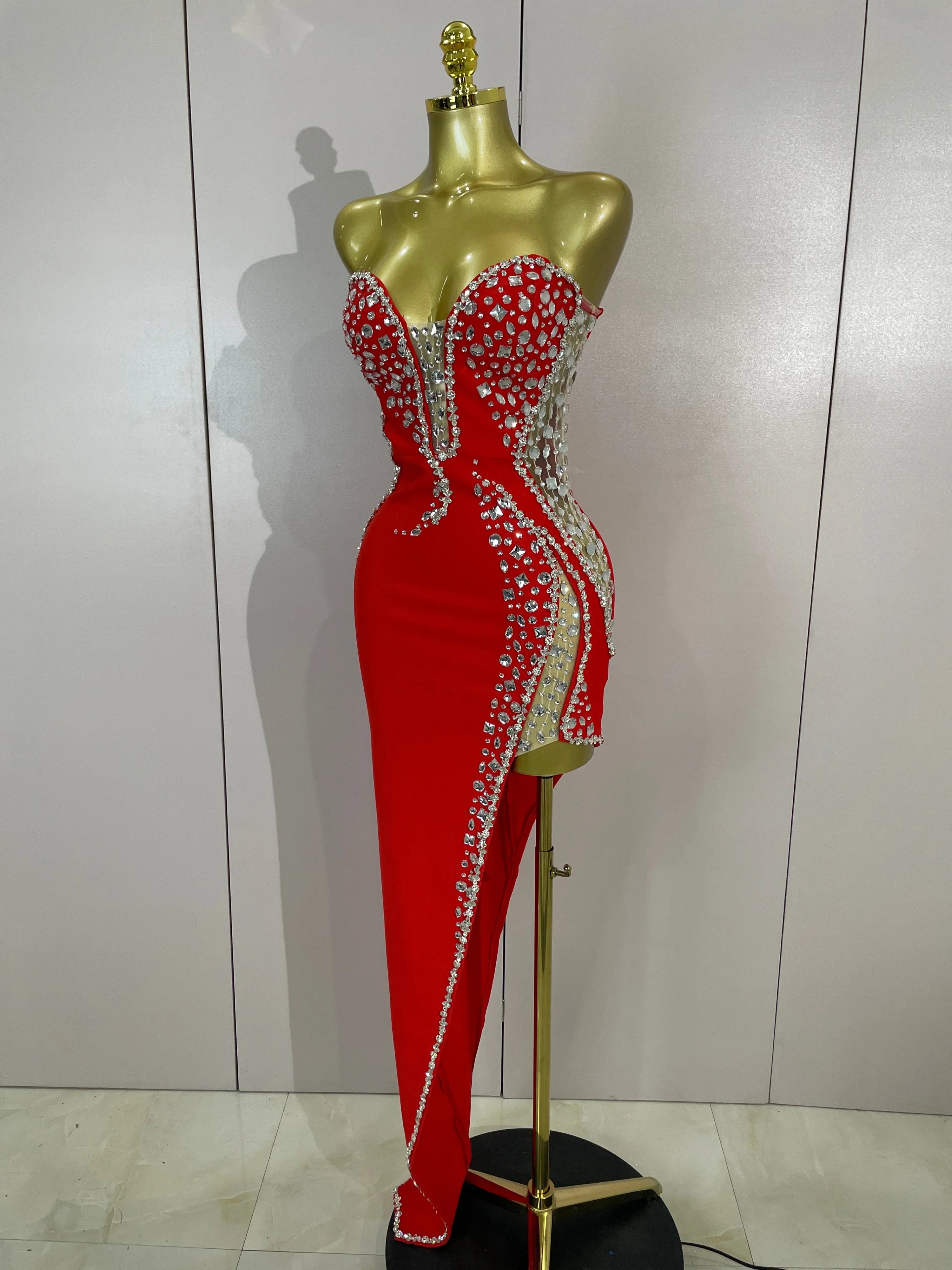 Newest High Quality Sexy Strapless Shinning Rhinestones Bodycon Bandage Long Dress Women Fashion Celebrate Evening Party Vestido