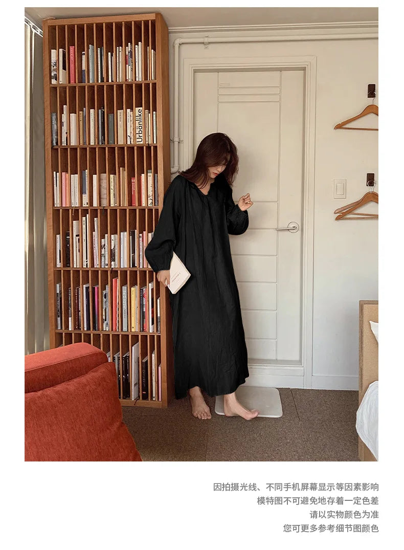 Vintage 100% Cotton Women Dress V Neck Long Sleeve Korean Jananse Pajama Dresses Ladies Comfortable Homewear Wearable Outside
