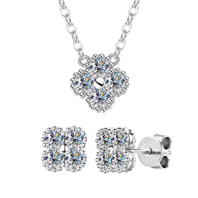 18k Gold Plated 925 Silver 3mm Moissanite Necklace Earrings Bracelet Sets 3 In 1 Clover Flower Charm Jewelry Set for Women Gift