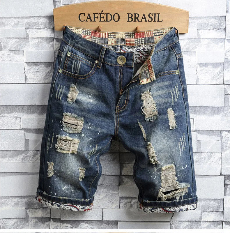 Brand Clothing New Summer Ripped Hole Denim Shorts Men Cotton Thin Straight Retro Biker Knee Length Short Jeans Male Streetwear