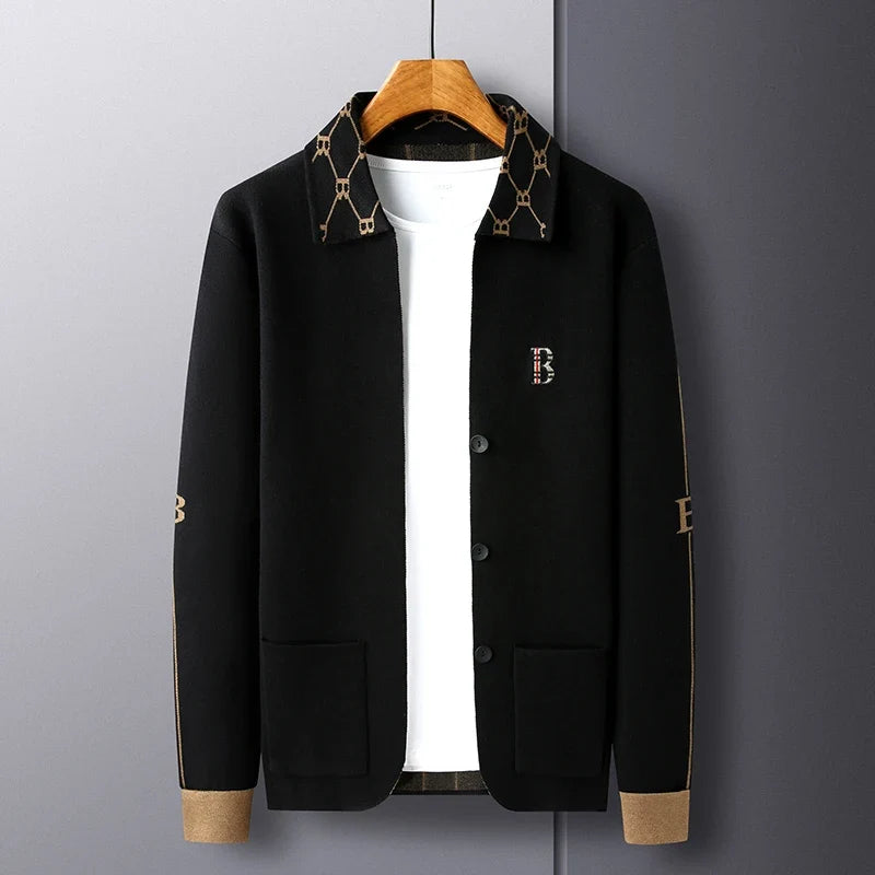 Luxury Brand Men's Autumn Winter Lapel Embroidered Sweater Coat Fashionable Business Three-dimensional Pocket Warm Knitted Jacke