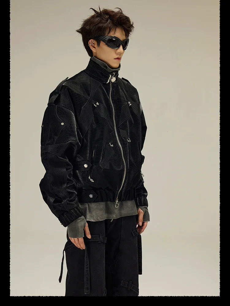 Spring Autumn Cool Handsome Crocodile Print Patchwork Pu Leather Jacket Men Color Block Luxury Designer Clothes 2024