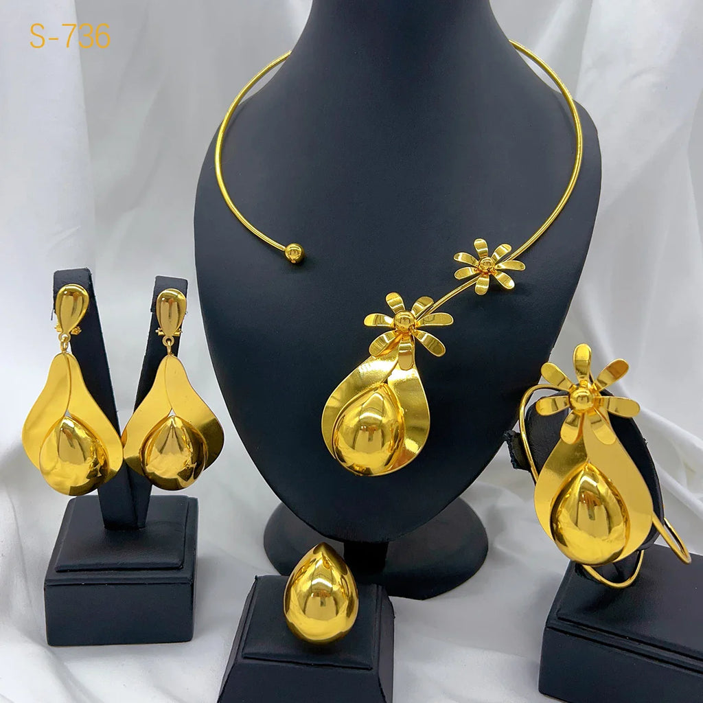Elegant Dubai 24K Gold Plated Necklace Earrings Fashion New Design Trendy Jewelry Sets for Women Party Gift Wedding Accessories